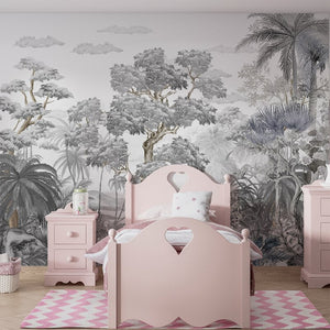 Sophisticated Monochrome Jungle Mural Wallpaper-Trees Wallpaper