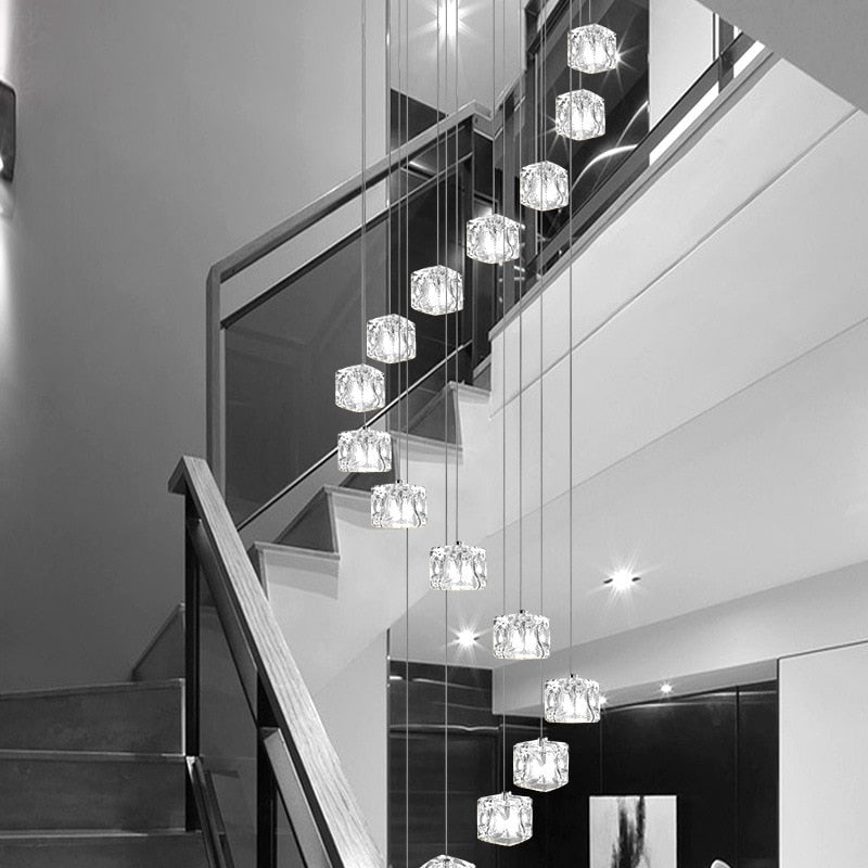 Square Crystal Cubes Chandelier – Exquisite Lighting Fixture-Staircase Chandelier