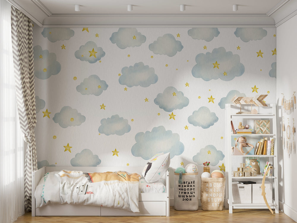 Stars and Clouds - Kids Room Wallpaper Mural-Kids Room Wallpaper