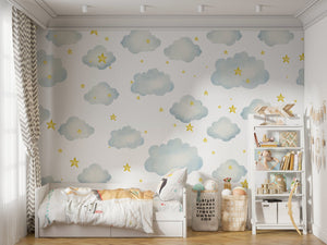 Stars and Clouds - Kids Room Wallpaper Mural-Kids Room Wallpaper