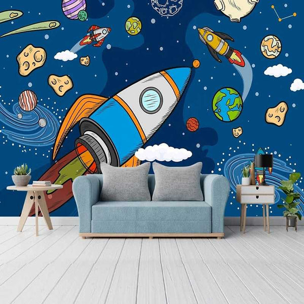 Stellar Adventure Cosmic Space Rocket Wallpaper-Kids Room Wallpaper