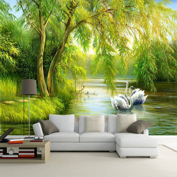 Swans in Lake Wallpaper - Transform Your Space-Trees Wallpaper