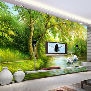 Swans in Lake Wallpaper - Transform Your Space-Trees Wallpaper