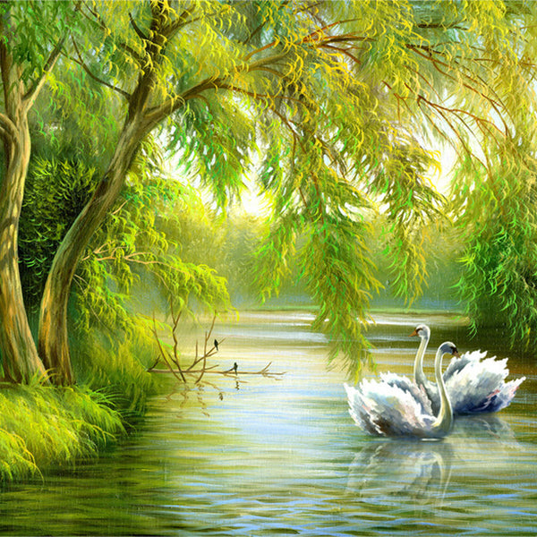 Swans in Lake Wallpaper - Transform Your Space-Trees Wallpaper