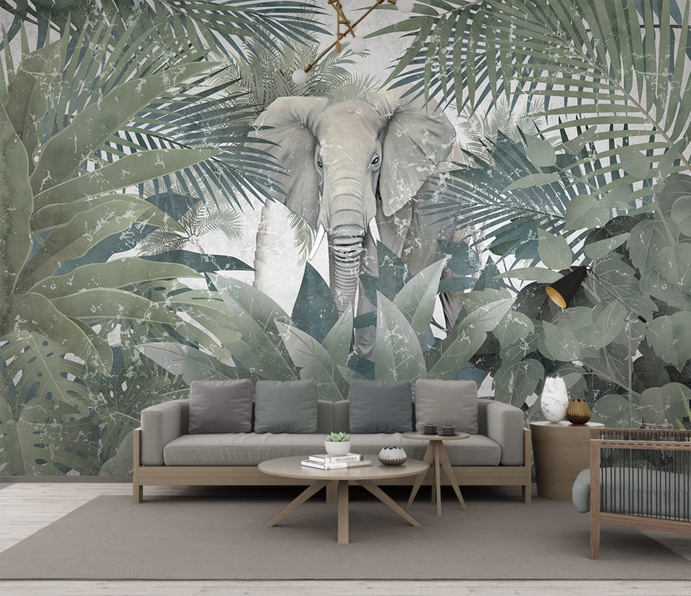 Tropical: Elephant in Jungle Wallpaper Mural-Flower & Leaf Wallpaper