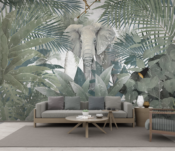 Tropical: Elephant in Jungle Wallpaper Mural-Flower & Leaf Wallpaper