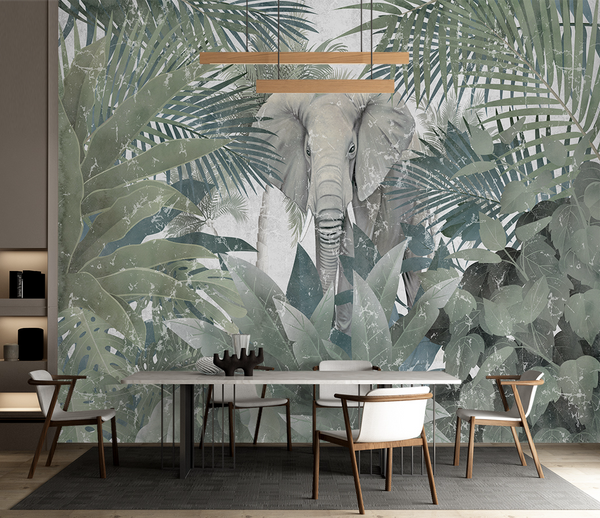 Tropical: Elephant in Jungle Wallpaper Mural-Flower & Leaf Wallpaper