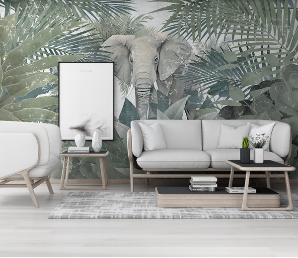 Tropical: Elephant in Jungle Wallpaper Mural-Flower & Leaf Wallpaper