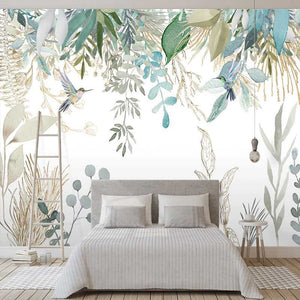 Tropical Plant Leaves Flowers And Birds Wallpaper Mural-Flower & Leaf Wallpaper
