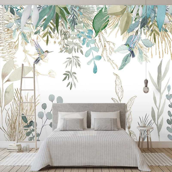 Tropical Plant Leaves Flowers And Birds Wallpaper Mural-Flower & Leaf Wallpaper