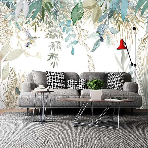 Tropical Plant Leaves Flowers And Birds Wallpaper Mural-Flower & Leaf Wallpaper