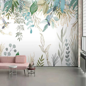 Tropical Plant Leaves Flowers And Birds Wallpaper Mural-Flower & Leaf Wallpaper