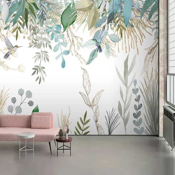 Tropical Plant Leaves Flowers And Birds Wallpaper Mural-Flower & Leaf Wallpaper