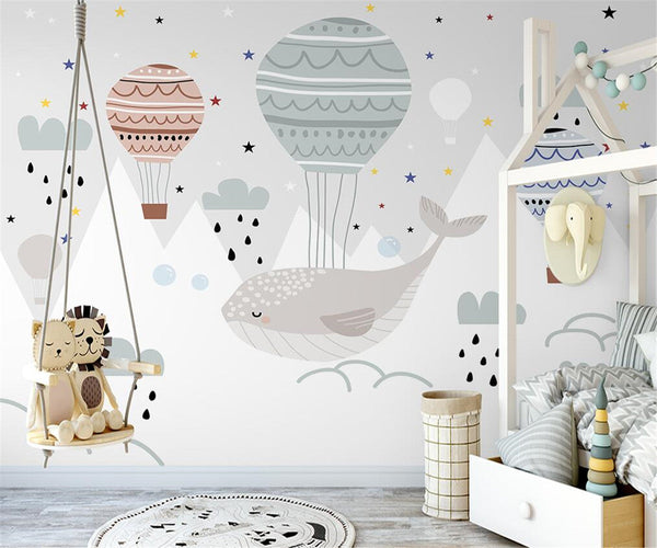 Whale and Air Balloons Kids Room Wallpaper Mural-Kids Room Wallpaper
