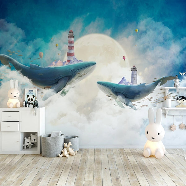 Whales Lighthouse Sky Blue White Clouds Wallpaper for Home Wall Decor-Kids Room Wallpaper
