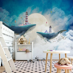 Whales Lighthouse Sky Blue White Clouds Wallpaper for Home Wall Decor-Kids Room Wallpaper