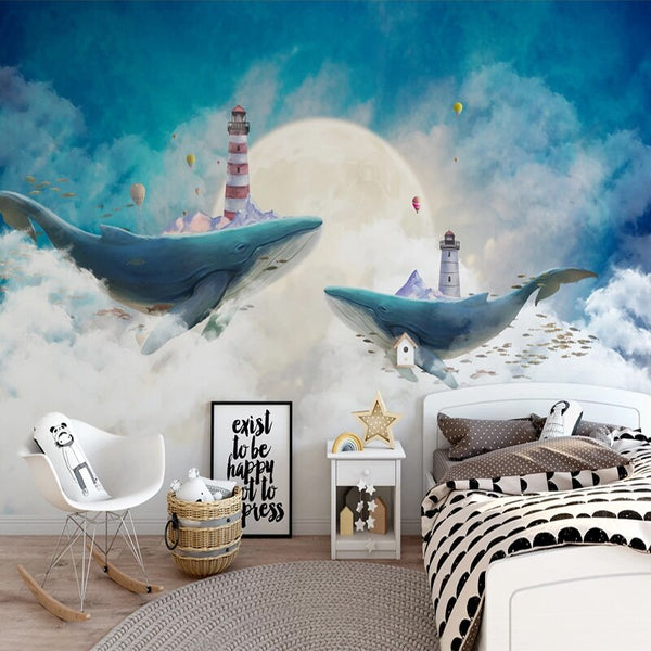 Whales Lighthouse Sky Blue White Clouds Wallpaper for Home Wall Decor-Kids Room Wallpaper