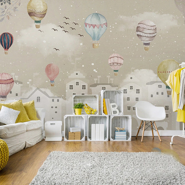 Whimsical Air Balloons Flying Nursery Wallpaper-Kids Room Wallpaper