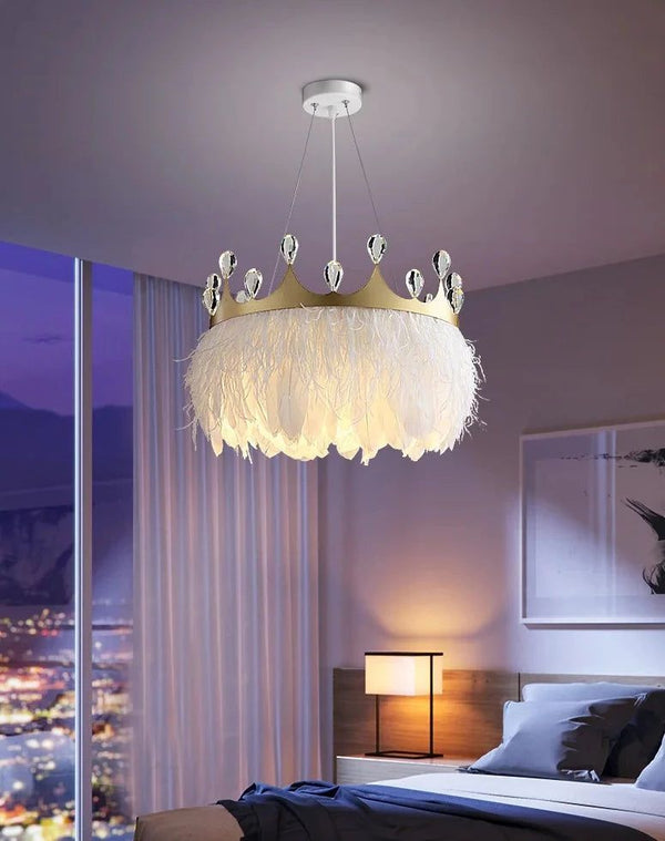 White Feather Crown Crystal Pendant Light - Illuminate Your Space with Ethereal Elegance-Kids Room Nursery Lighting