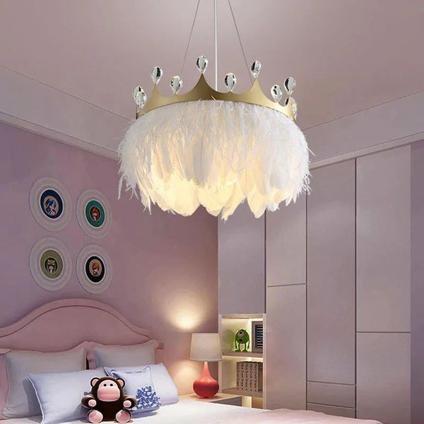 White Feather Crown Crystal Pendant Light - Illuminate Your Space with Ethereal Elegance-Kids Room Nursery Lighting