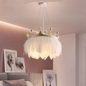 White Feather Crown Crystal Pendant Light - Illuminate Your Space with Ethereal Elegance-Kids Room Nursery Lighting