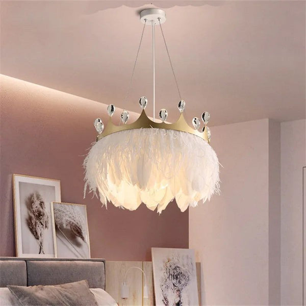 White Feather Crown Crystal Pendant Light - Illuminate Your Space with Ethereal Elegance-Kids Room Nursery Lighting