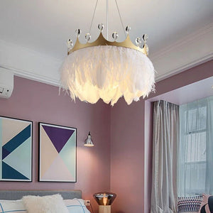 White Feather Crown Crystal Pendant Light - Illuminate Your Space with Ethereal Elegance-Kids Room Nursery Lighting