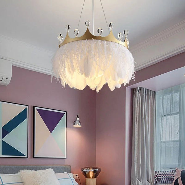 White Feather Crown Crystal Pendant Light - Illuminate Your Space with Ethereal Elegance-Kids Room Nursery Lighting