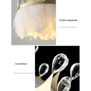 White Feather Crown Crystal Pendant Light - Illuminate Your Space with Ethereal Elegance-Kids Room Nursery Lighting