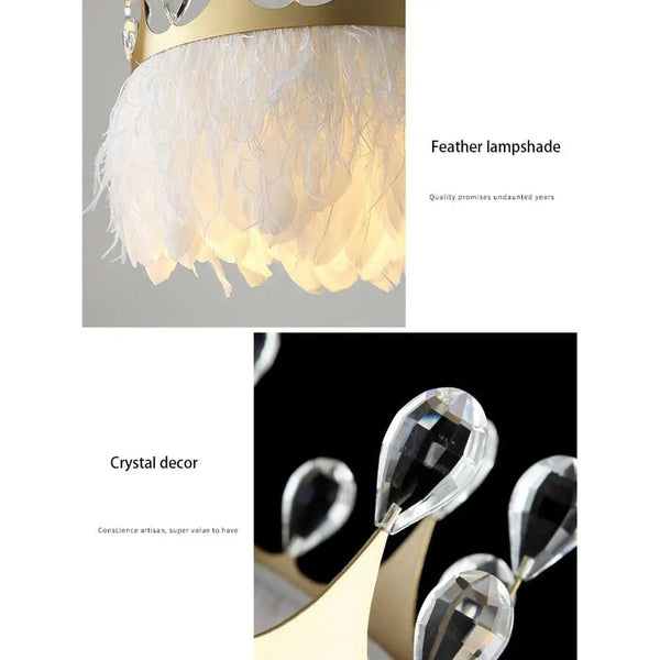 White Feather Crown Crystal Pendant Light - Illuminate Your Space with Ethereal Elegance-Kids Room Nursery Lighting