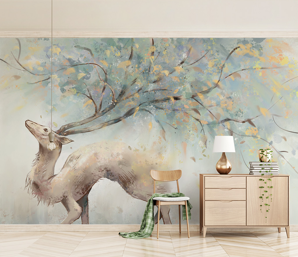 Winter Reindeer Tree Trunks Wallpaper Mural-Trees Wallpaper