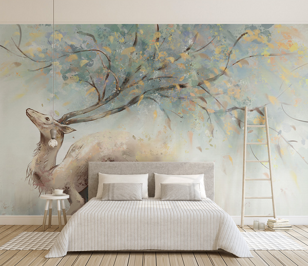 Winter Reindeer Tree Trunks Wallpaper Mural-Trees Wallpaper