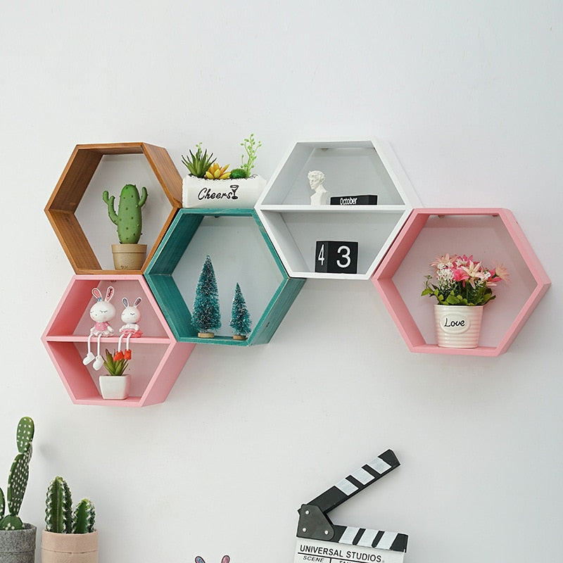 Wooden Hexagon Wall Shelf: for Stylish Storage-Kids Room Nursery Wall Hanging