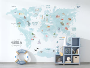 World Map Blue Theme - Kids Room Wallpaper Mural-Kids Room Wallpaper
