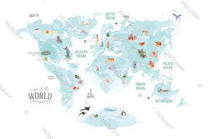 World Map Blue Theme - Kids Room Wallpaper Mural-Kids Room Wallpaper