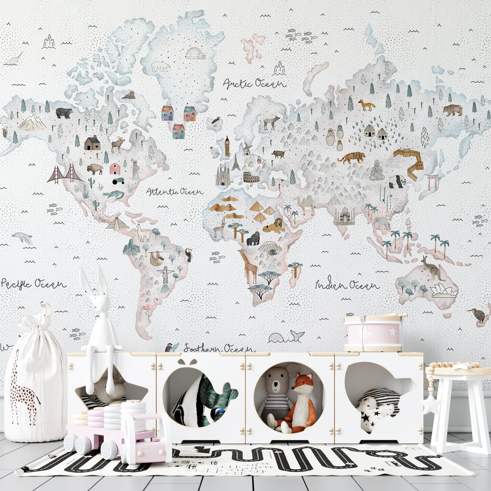 World Map White Theme - Kids Room Wallpaper Mural-Kids Room Wallpaper