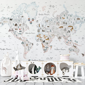 World Map White Theme - Kids Room Wallpaper Mural-Kids Room Wallpaper