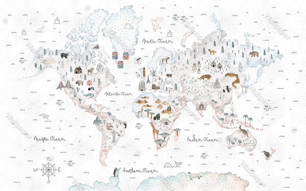 World Map White Theme - Kids Room Wallpaper Mural-Kids Room Wallpaper