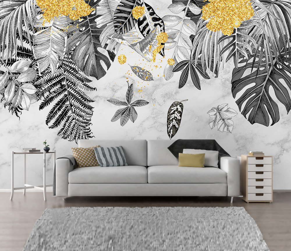 Yellow & Black - Leaves Wallpaper Murals-Flower & Leaf Wallpaper