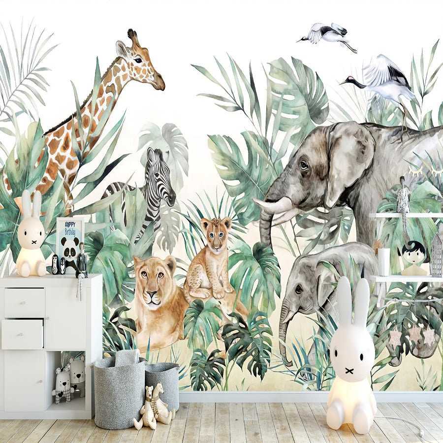 Jungle Friends Gathering Wallpaper Mural-Kids Room Wallpaper