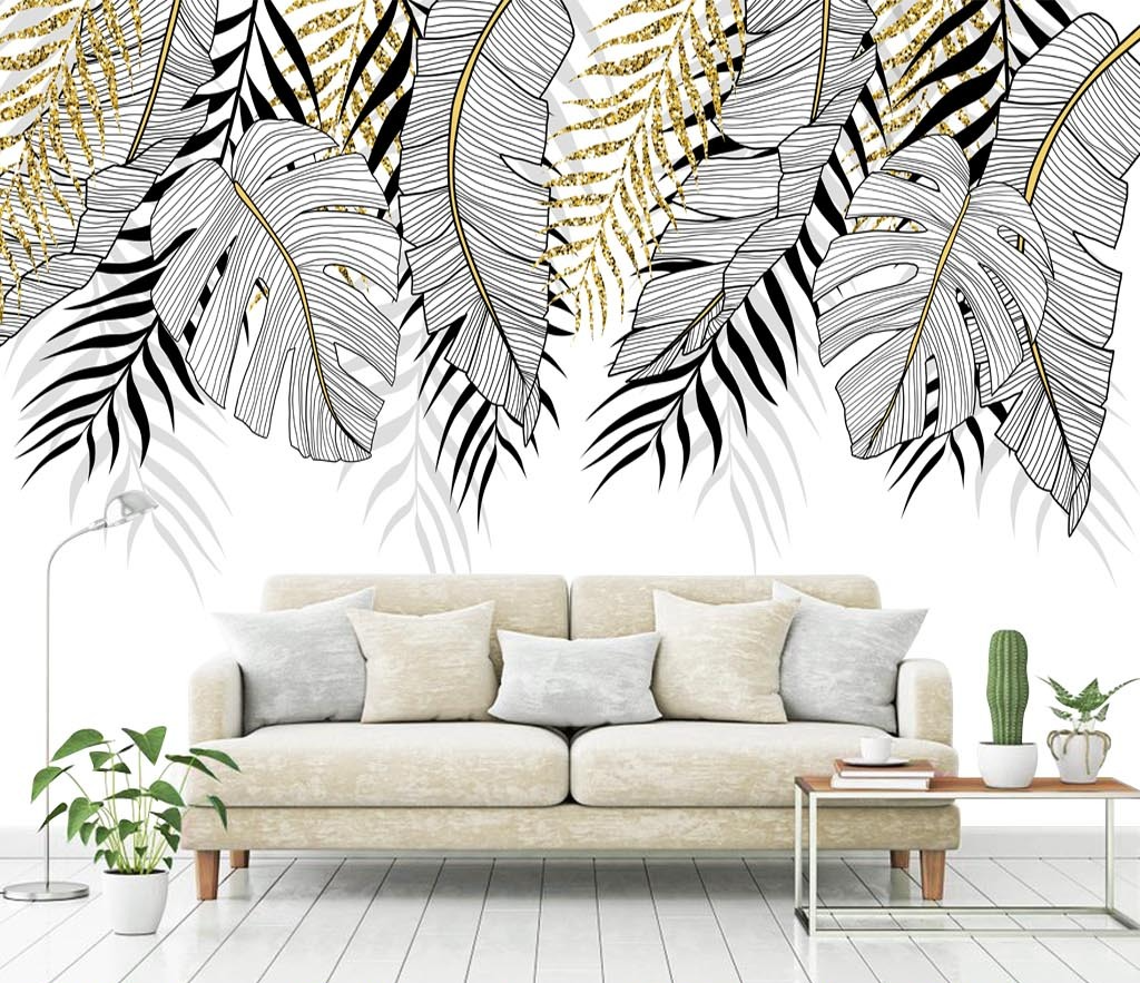 3D Gold and Black Leaves Tropical Wallpaper Mural
