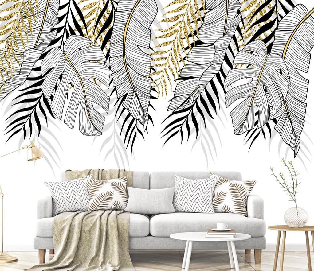 3D Gold and Black Leaves - Tropical Wallpaper Mural