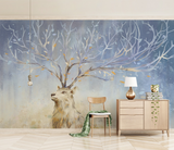 Midnight Reindeer Tree Trunks Wallpaper Mural