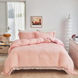 Minimalist Pink White Cotton Fringe Farmhouse Bedding Set