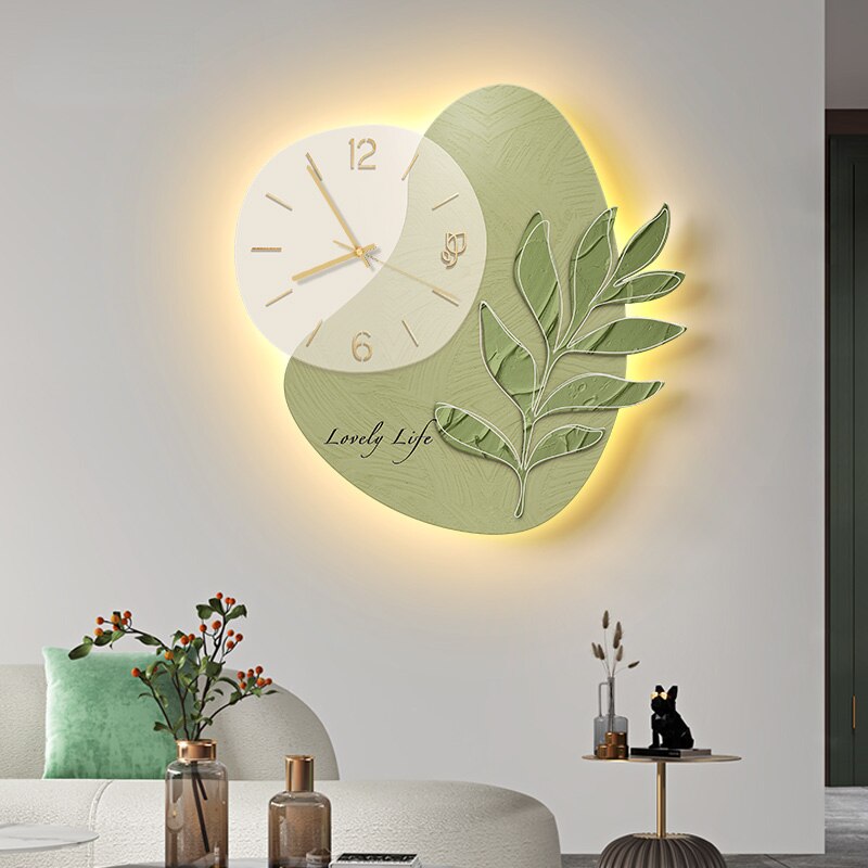 LED Lights Glowing Green Leaf Wall Clock