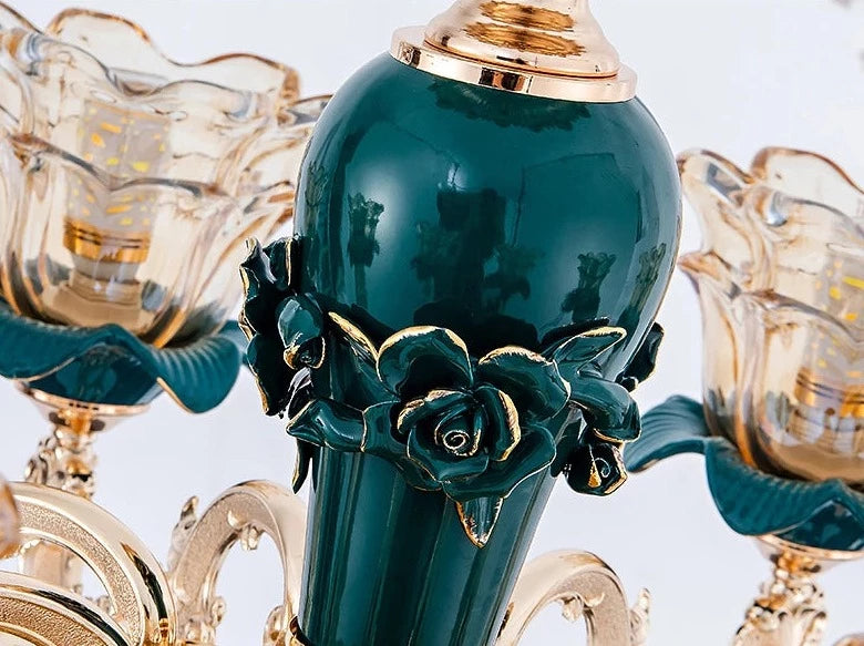 Lustre vintage en céramique de cristal vert – Élégance intemporelle avec une touche de tradition