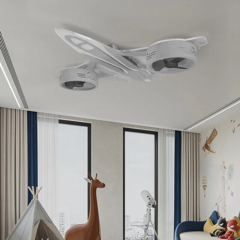 Flugzeug-Deckenleuchte mit Ventilator für Kinderzimmer – Hellgrau