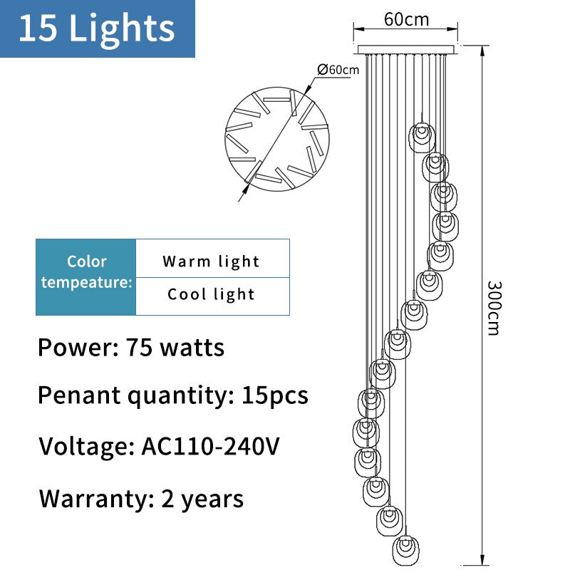 Lustre suspendu LED en cristal – Éclairage d'escalier rotatif