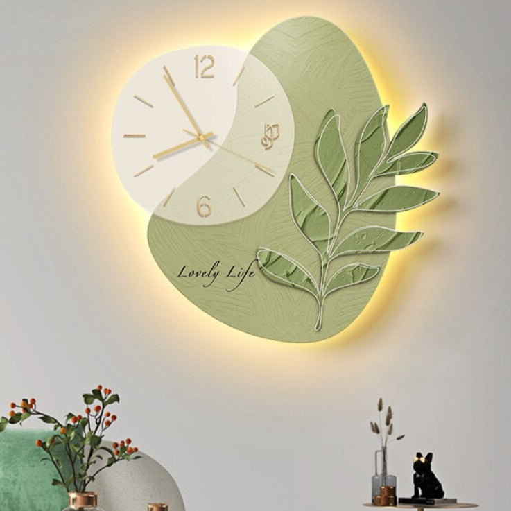 LED Lights Glowing Green Leaf Wall Clock