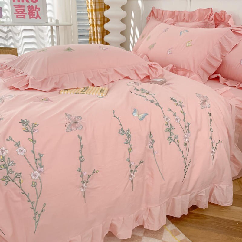 Butterfly Floral Embroidery Ruffled Bedding Set